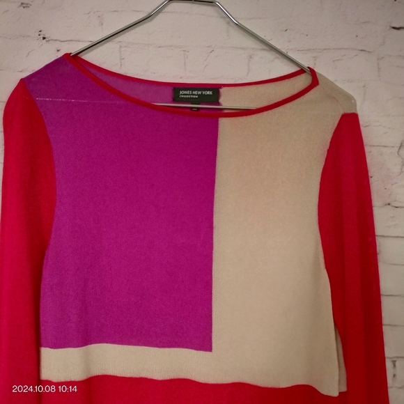 JONES NEW YORK COLLECTION MOD LOOK PINK RED COLOR BLOCK BLOUSE LARGE - Picture 2 of 9